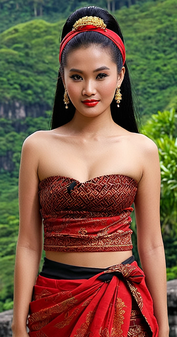 A beautiful Javanese woman, slightly fat, graceful, with long straight black hair down to her waist tied in a bun with a long hair band made of red cloth. Small bun on top of head with gold pin, wearing traditional Javanese clothing with red bustier top decorated with jewelry, red cloth obi decorated with gold, red trousers, maroon batik sarong with unique motifs, knee length and black mountain sandals. With a serious expression, looking at the view, with straight hair flowing down her back, tied with a red cloth, with a very realistic and detailed temple background. The entire body is visible to the camera. Ultra-HD, 65k resolution.
