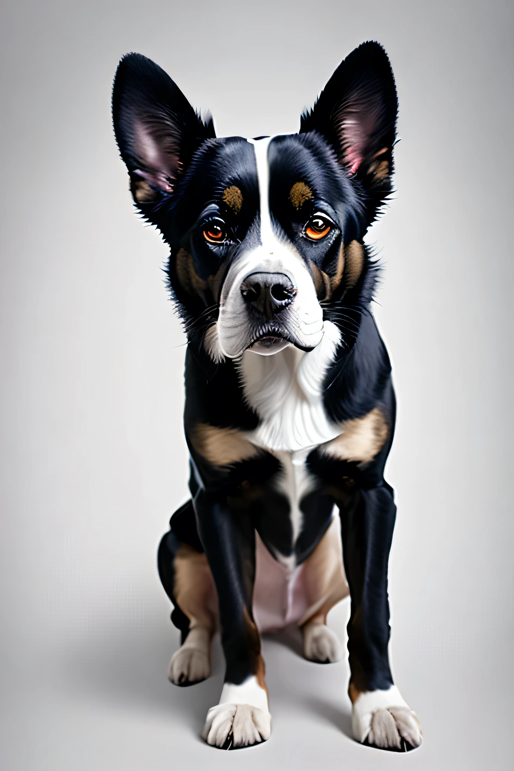 super realistic large black and white dog with full body white background
