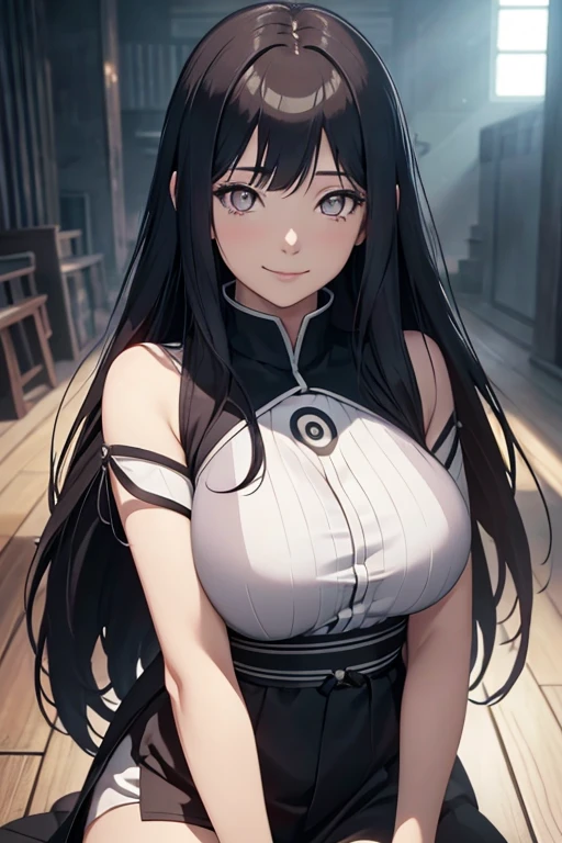 light effect, soft, super clear, high-definition picture, (front), masterpiece, cinematic lighting, Hinata Uzumaki, white colorless eyes, black long hair, 1girl, solo, looking at viewer, smile, large breast, open shoulder, black short dress