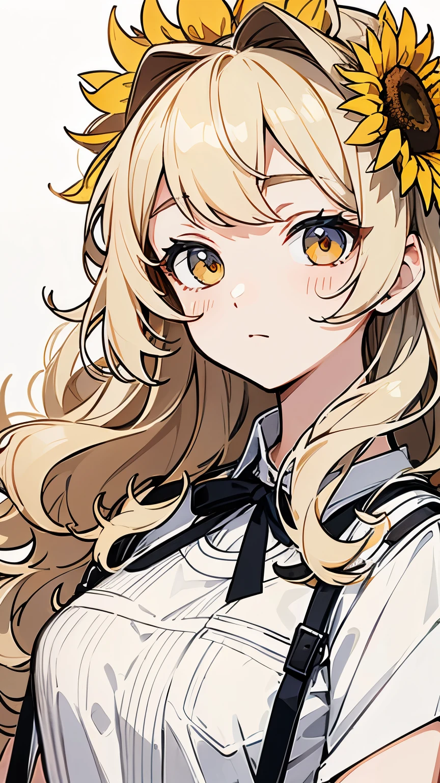 Line art,, masterpiece, highest quality, Super Detail、(((SupportHair)))、Wavy Hair、Casual clothing、Have sunflowers