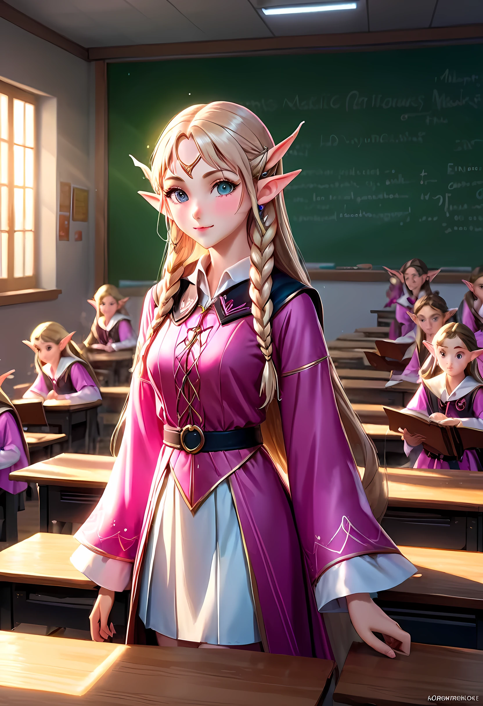high details, best quality, 16k, [ultra detailed], masterpiece, best quality, (extremely detailed), ultra wide shot, photorealistic, a picture of an elf magical teacher (best details, Masterpiece, best quality: 1.5), teaching magical arts, manipulating magical pink magic runes in the air GlowingRunes_pink (best details, Masterpiece, best quality: 1.5) at fantasy classroom, a female elf, exquisite beauty (best details, Masterpiece, best quality: 1.5), ultra feminine (best details, Masterpiece, best quality: 1.5), full body (best details, Masterpiece, best quality: 1.5) golden hair, hair in a long braid, small pointed ears, dynamic eyes color, wearing a teachers robe, standing in the classroom (best details, Masterpiece, best quality: 1.5), fantasy class background, best realistic, best details, best quality, 16k, [ultra detailed], masterpiece, best quality, (extremely detailed), ultra wide shot, photorealism, room is lit with bright light, depth of field, half-elf ears