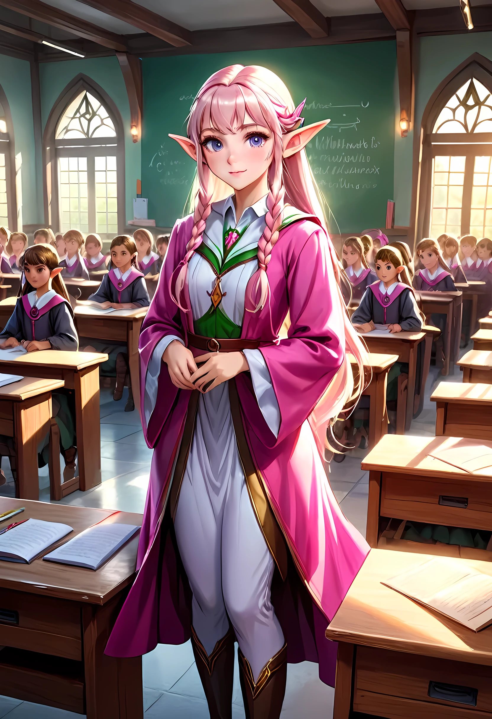 high details, best quality, 16k, [ultra detailed], masterpiece, best quality, (extremely detailed), ultra wide shot, photorealistic, a picture of an elf magical teacher (best details, Masterpiece, best quality: 1.5), teaching magical arts, manipulating magical pink magic runes in the air GlowingRunes_pink (best details, Masterpiece, best quality: 1.5) at fantasy classroom, a female elf, exquisite beauty (best details, Masterpiece, best quality: 1.5), ultra feminine (best details, Masterpiece, best quality: 1.5), full body (best details, Masterpiece, best quality: 1.5) golden hair, hair in a long braid, small pointed ears, dynamic eyes color, wearing a teachers robe, standing in the classroom (best details, Masterpiece, best quality: 1.5), fantasy class background, best realistic, best details, best quality, 16k, [ultra detailed], masterpiece, best quality, (extremely detailed), ultra wide shot, photorealism, room is lit with bright light, depth of field, half-elf ears