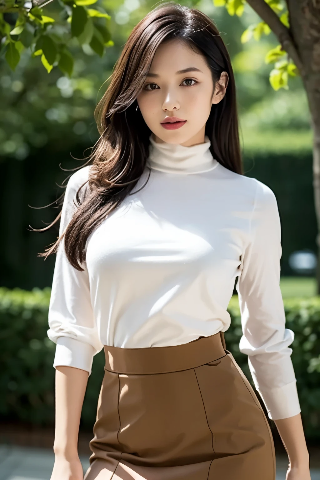 1 girl,Sexy pose,highest quality,masterpiece,shape,Very delicate and beautiful,CG,Unity,8k wallpaper,wonderful,finely,masterpiece,Official Art,Very detailed CG Unity 8k wallpaper,Unbelievably absurd,Large file size,Very detailed,High resolution,Very detailed,Beautiful detailed girl,Realistic,from the front,Outdoor,Turtleneck shirt,skirt,Light contrast,