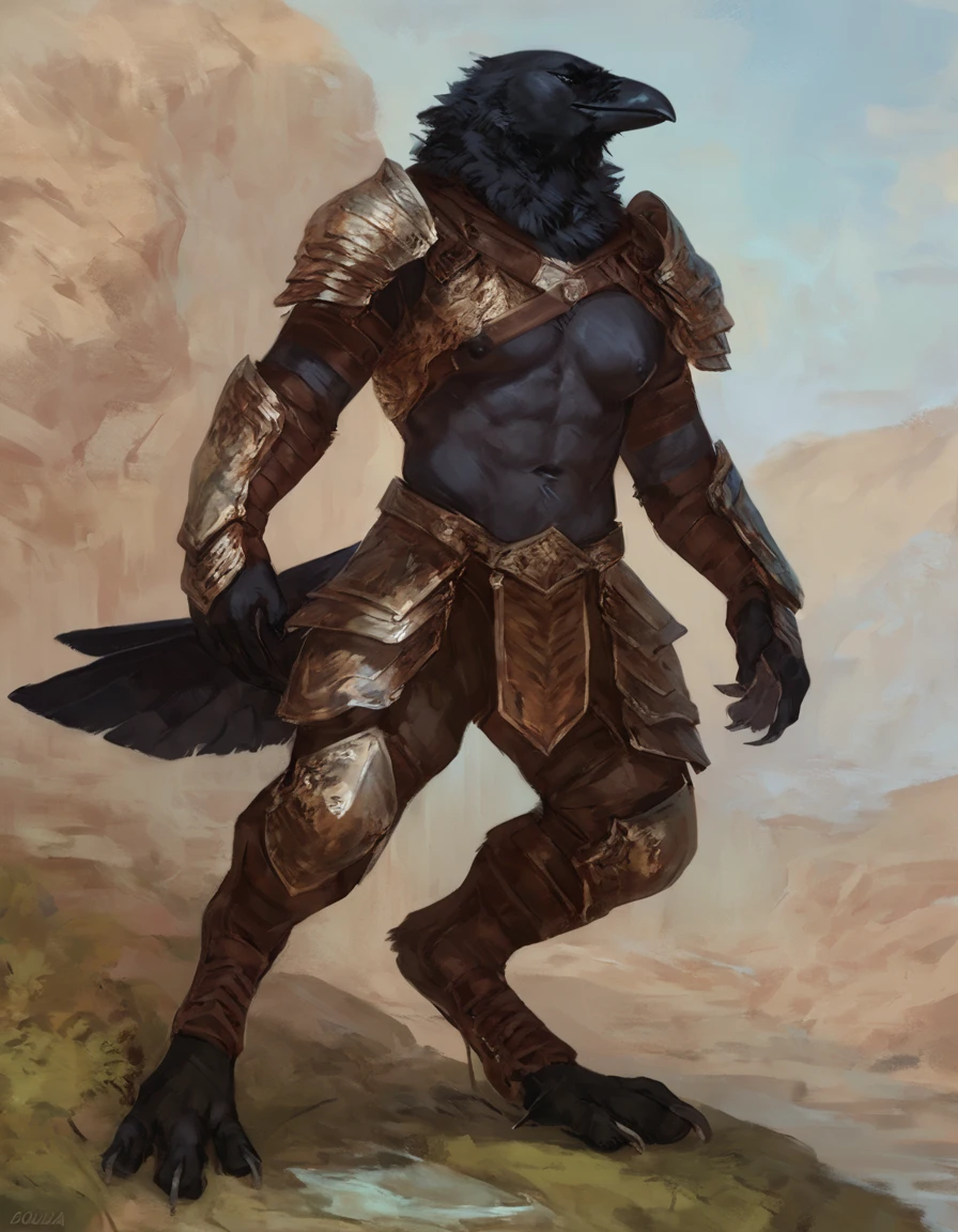 Anthro crow male warrior, concept art, solo, exposed midriff, digitigrade, armor, tail, hi res, masterpiece, absurd res, 2023, extreme detail, abs, pecs, nipples, by oouna