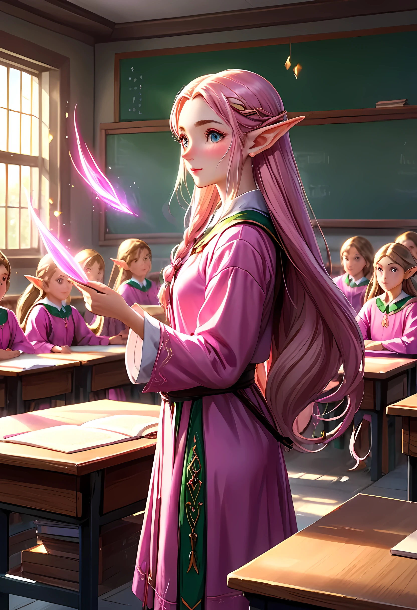 high details, best quality, 16k, [ultra detailed], masterpiece, best quality, (extremely detailed), ultra wide shot, photorealistic, a picture of an elf magical teacher (best details, Masterpiece, best quality: 1.5), teaching magical arts, manipulating magical pink magic runes in the air GlowingRunes_pink (best details, Masterpiece, best quality: 1.5) at fantasy classroom, a female elf, exquisite beauty (best details, Masterpiece, best quality: 1.5), ultra feminine (best details, Masterpiece, best quality: 1.5), full body (best details, Masterpiece, best quality: 1.5) golden hair, hair in a long braid, small pointed ears, dynamic eyes color, wearing a teachers robe, standing in the classroom (best details, Masterpiece, best quality: 1.5), fantasy class background, best realistic, best details, best quality, 16k, [ultra detailed], masterpiece, best quality, (extremely detailed), ultra wide shot, photorealism, room is lit with bright light, depth of field, half-elf ears