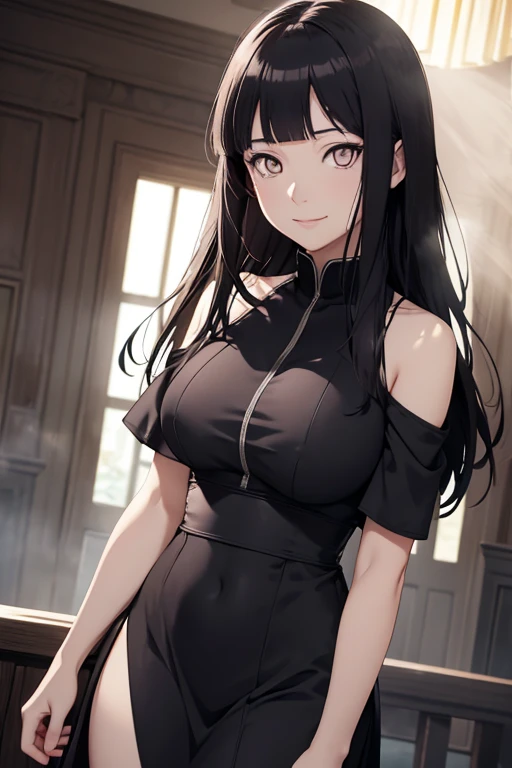 light effect, soft, super clear, high-definition picture, (front), masterpiece, cinematic lighting, Hinata Uzumaki, white eyes, black long hair, no pupils, 1girl, solo, looking at viewer, smile, large breast, open shoulder, black short dress