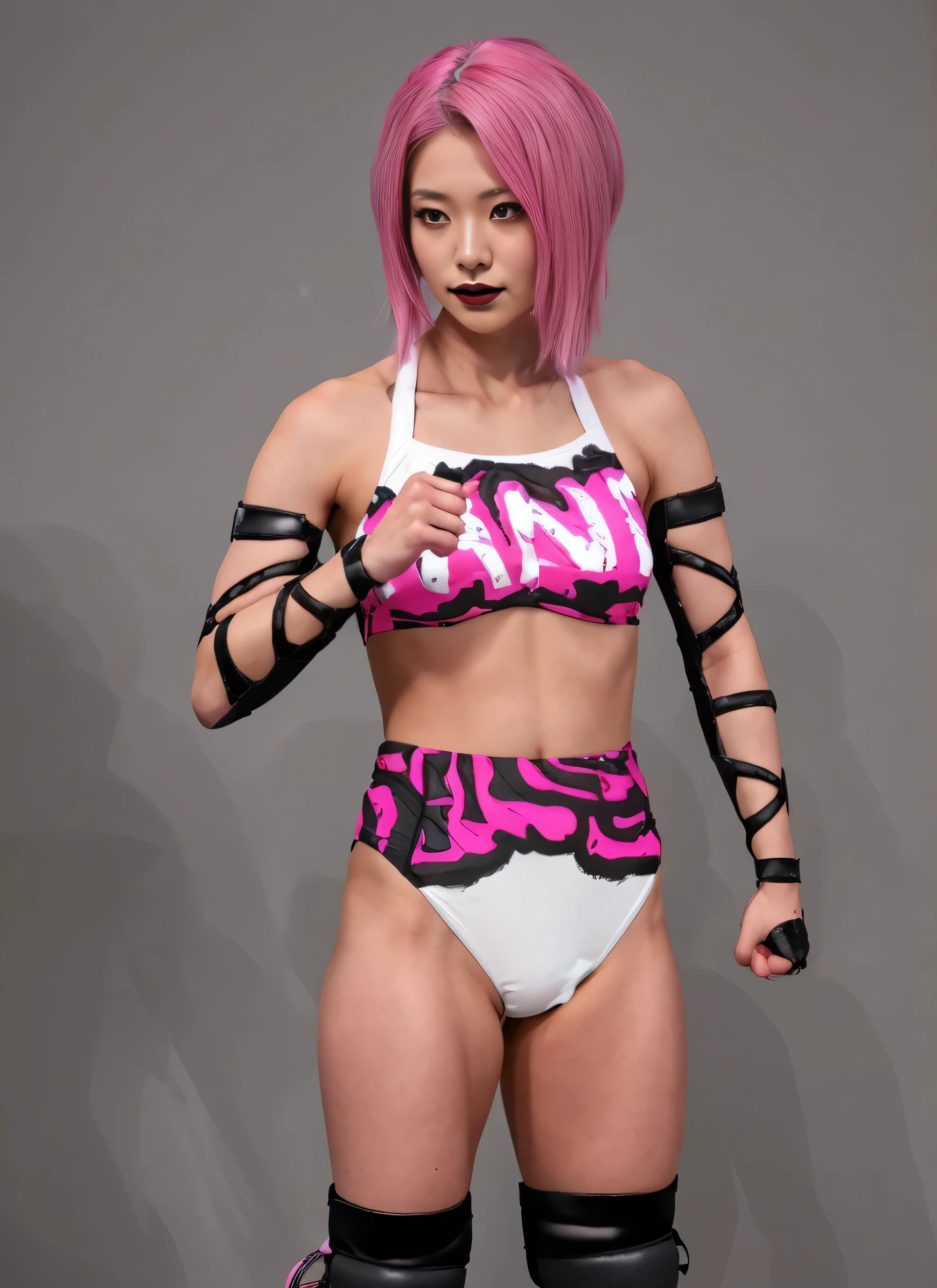 ((masterpiece, best quality)), ((((perfect anatomy)))), ((Japanese woman with medium length pink hair)), (30 year old), white black and pink sports bra, ((White black and pink high cut briefs)), black arm-wraps, black knee-pads, standing in front of a grey screen, smirking, dark makeup, black lipstick, ((photo realistic)),