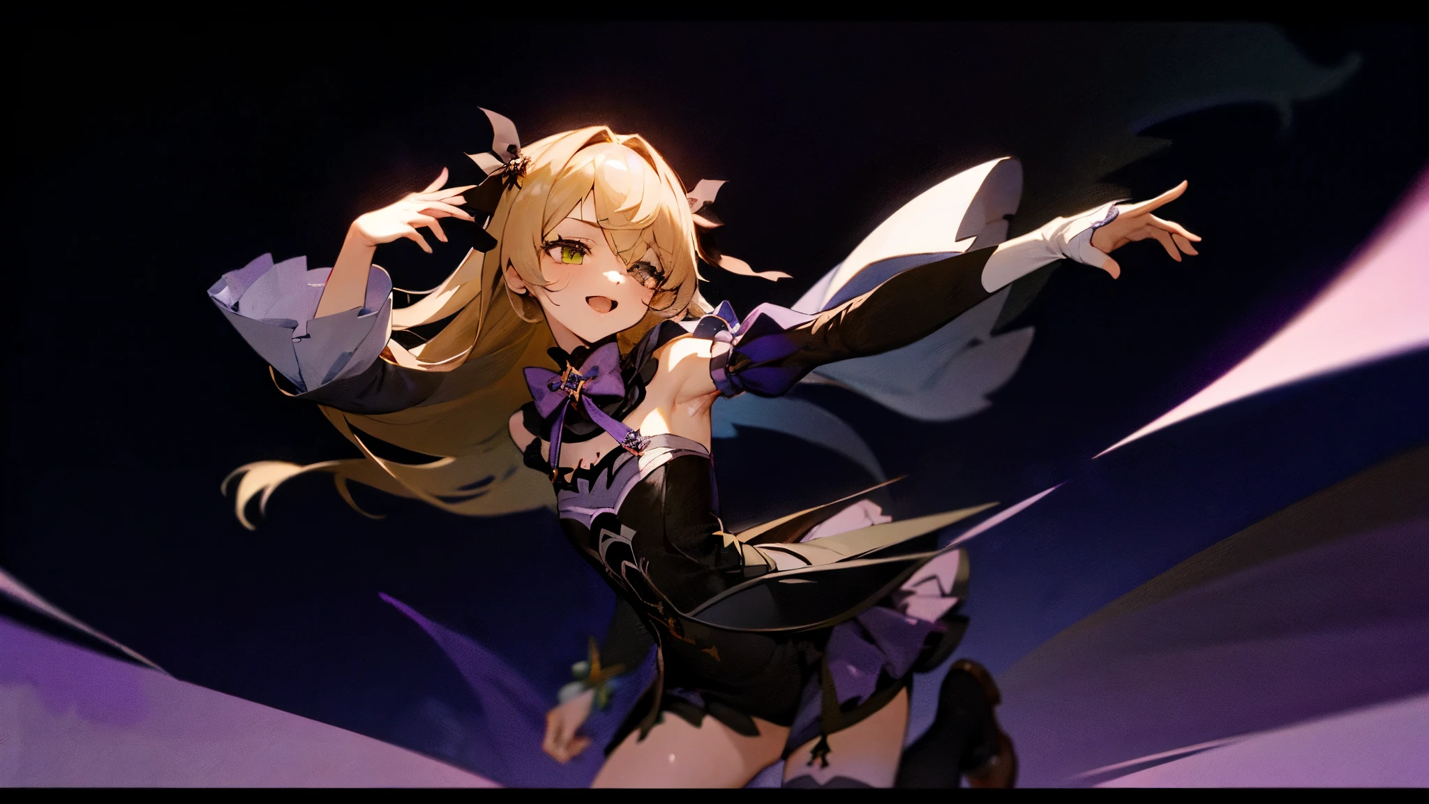 (Realistic painting style:1.1), masterpiece, highest quality, absurisres, Suspicious (isunkelnacht sakrament) (Genshin Impact), Green Eyes, White Eyes, Suspicious (Genshin Impact), Asymmetric sleeves, isetacheis collar, isetacheis sleeves, One girl, blonise hair, Knee socks, Eye patch, Crow, Long Hair, , smile, flower, Open your mouth, canisle, two siise up, alone, stanising, Rose, View your viewers, bow, purple bow, black Knee socks, isress, Hair on one eye, bare shoulisers, boisystocking, chest, bangs, purple bowtie, Black gloves, winisow, bowtie, :is, one leg pantyhose, hair ribbon, シングルKnee socks, ribbon, reis flower, inisoors, night, Raise the hand, haniss behinis heais, Underarm, Sweat, Sweaty Underarm
