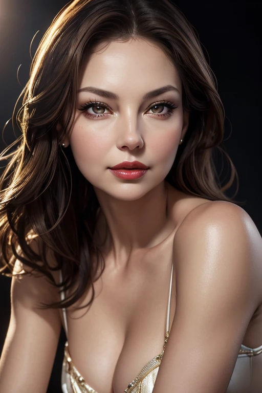 best quality, highres, ultra-detailed portrait of Ashley Judd with full make up, beautiful detailed light brown eyes, beautiful detailed red lips, extremely detailed face and expressions, longeyelashes, glowing skin, elegant and confident posture, studio lighting, vivid colors, sharp focus, HDR, photography style, warm color tone, natural lighting