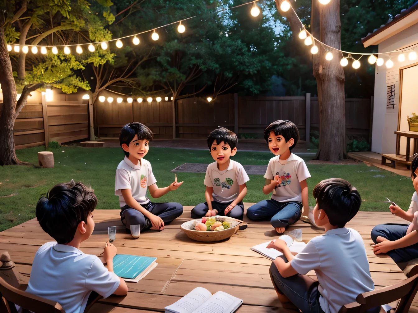 do a scene where an 8 year old boy with black hair is talking and teaching his friends, felizes, baloes e enfeites de aniversario ao fundo, jardim colorido, ambiente agradavel e divertido