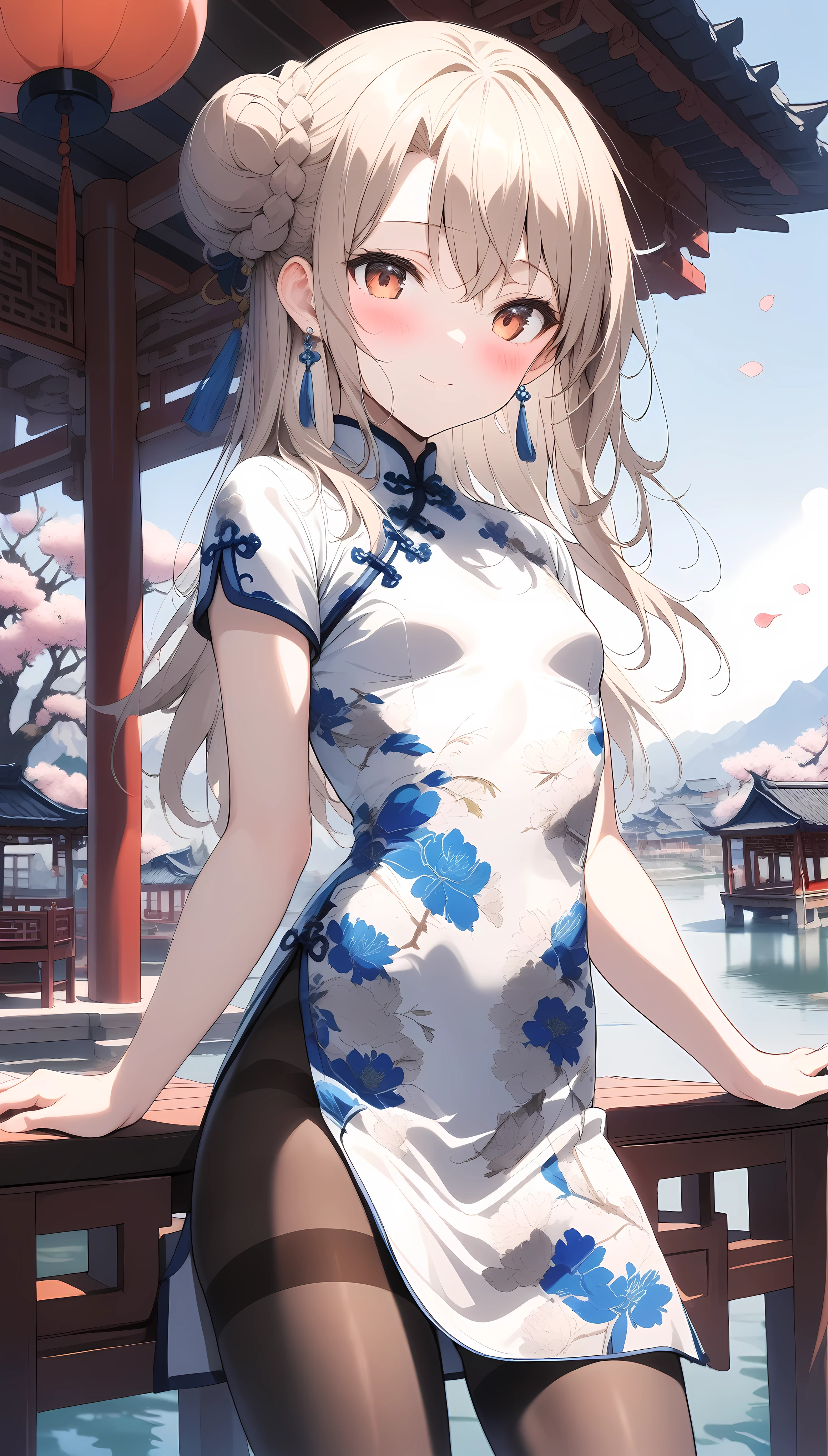 1girl,(illyasviel von einzbern),red_eyes,cream hair,(french braid),smile,blush,flower,beautiful detailed_background,small breasts,butterfly,((blue and white porcelain gorgeous qipao,china dress,chinese clothes,dress),gold trim,floral print,folding fan,jewelry,earrings,explicit,flower,general, hair_ornament,peach blossom,long_hair,looking_at_viewer,pantyhose,paper fan,print dress,solo,thighband pantyhose,questionable,sensitive,solo,tassel,tassel_earrings,(spring),Chinese style architecture, Chinese style, lake, ancient town, beautiful and meticulous water, (Fishing boat), pavilion,steam,Surrounding by falling peach blossoms petals,