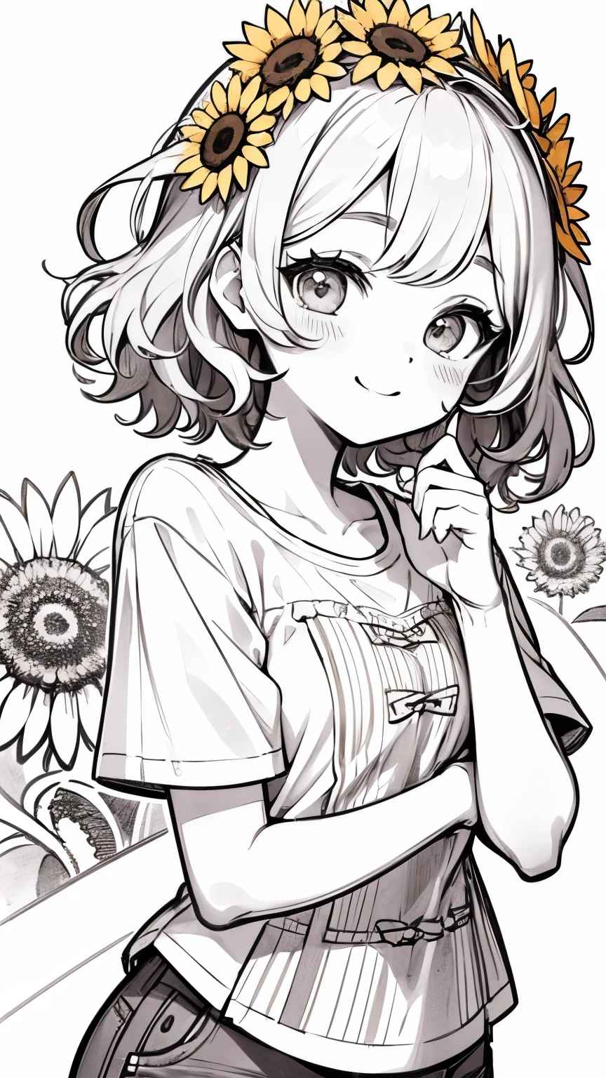 Line art,masterpiece, highest quality, Super Detail、(Bob Hair)、Wavy Hair、Casual clothing、Wear sunflowers on your head、Short sleeve、Shorts、Smiling face、Monochrome