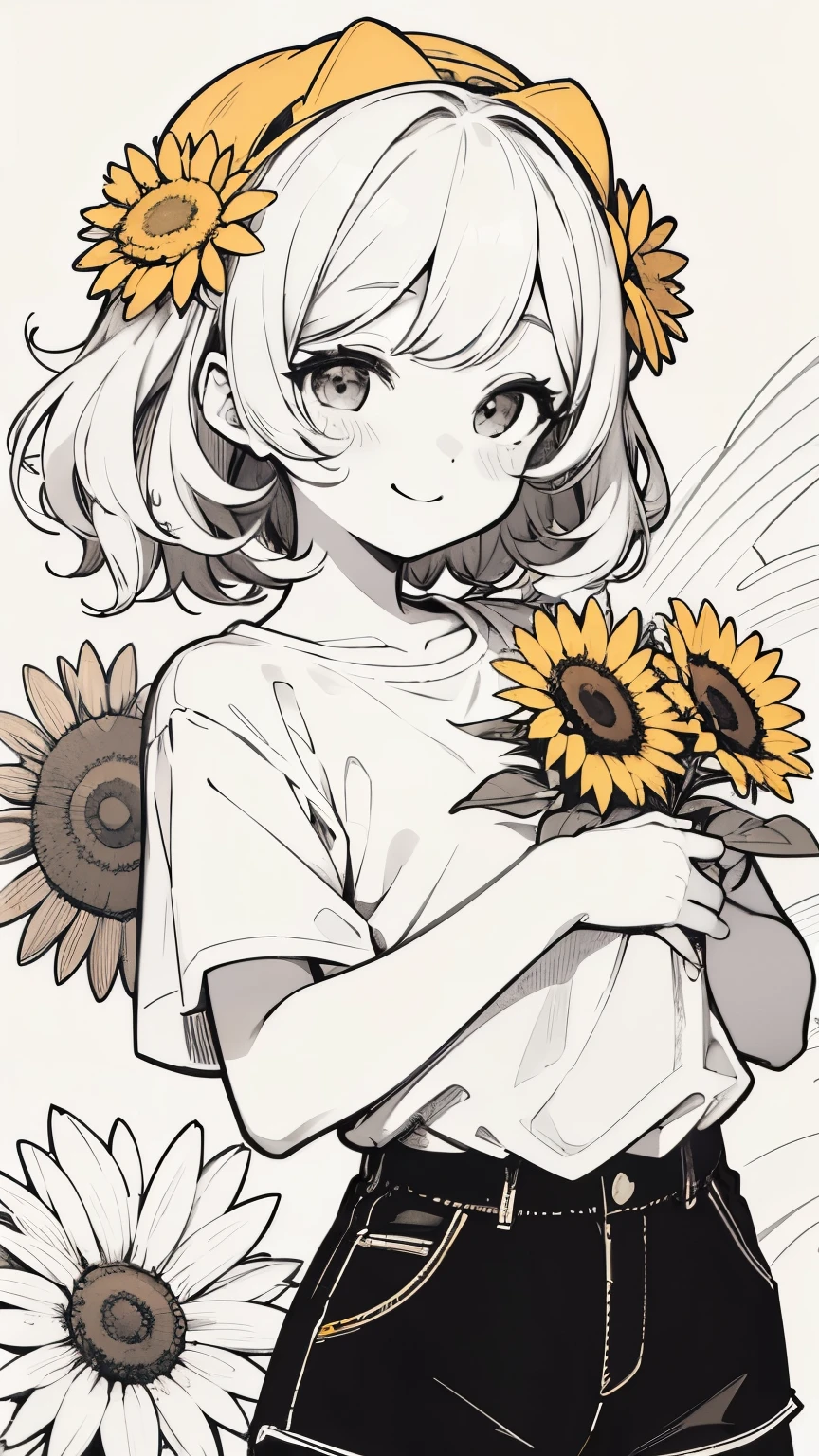Line art,masterpiece, highest quality, Super Detail、(Bob Hair)、Wavy Hair、Casual clothing、Wear sunflowers on your head、Short sleeve、Shorts、Smiling face、Monochrome
