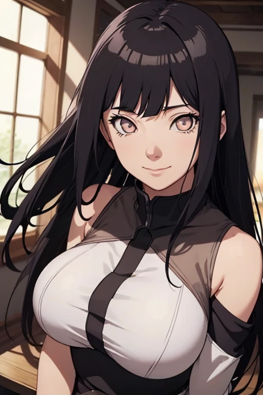 light effect, soft, super clear, high-definition picture, (front), masterpiece, cinematic lighting, Hinata Uzumaki, white eyes, black long hair, no pupils, 1girl, solo, looking at viewer, smile, large breast, open shoulder, red short dress