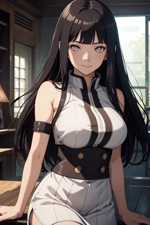 light effect, soft, super clear, high-definition picture, (front), masterpiece, cinematic lighting, Hinata Uzumaki, white eyes, black long hair, no pupils, 1girl, solo, looking at viewer, smile, large breast, open shoulder, red short dress