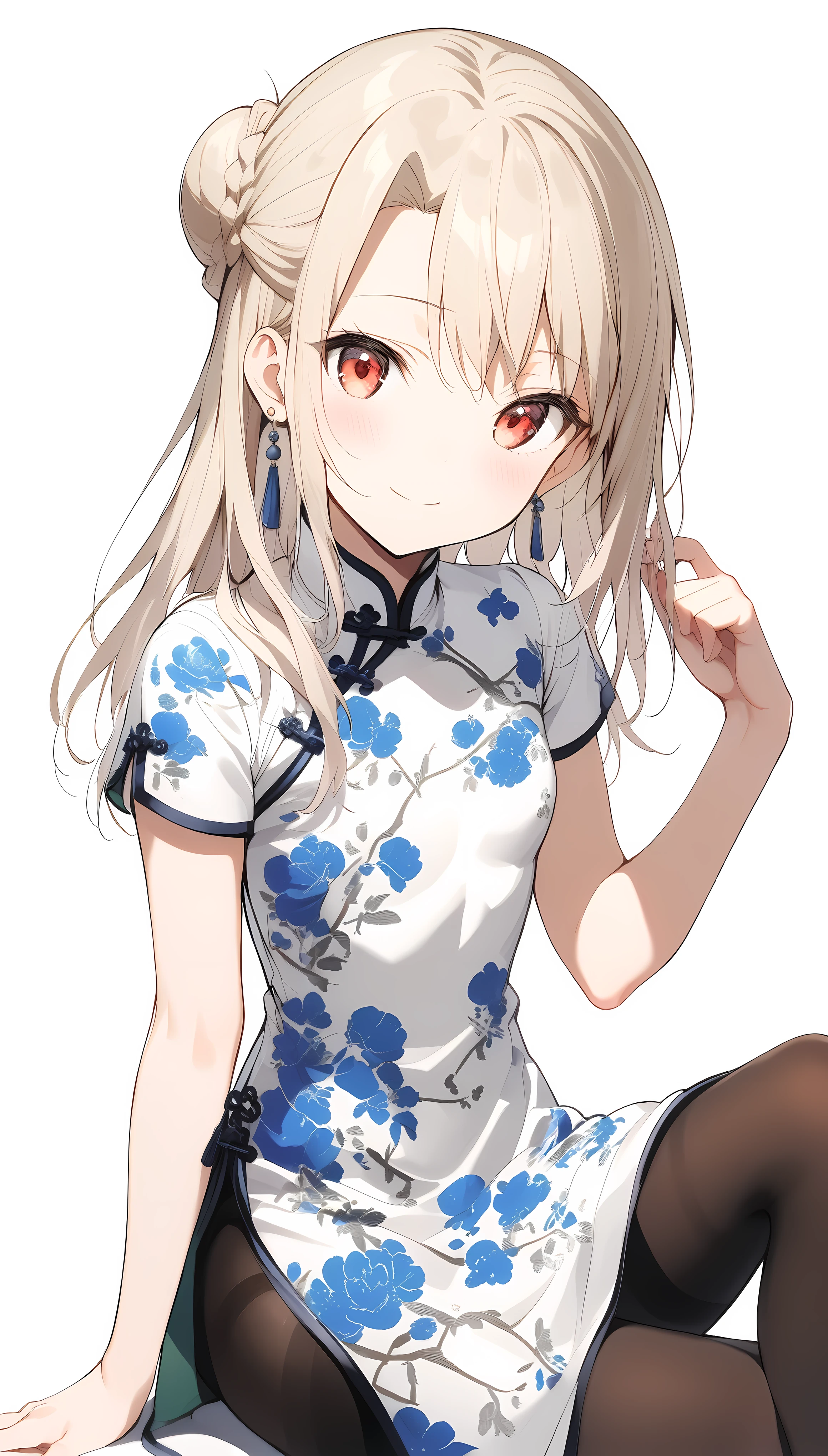 qipao,1girl,(illyasviel von einzbern),red_eyes,cream hair,(french braid),smile,blue flower,breasts,china dress,chinese clothes,dress,earrings,floral print,hand up,sitting,long hair,looking at viewer,pantyhose,print dress,simple background,smile,solo,white background