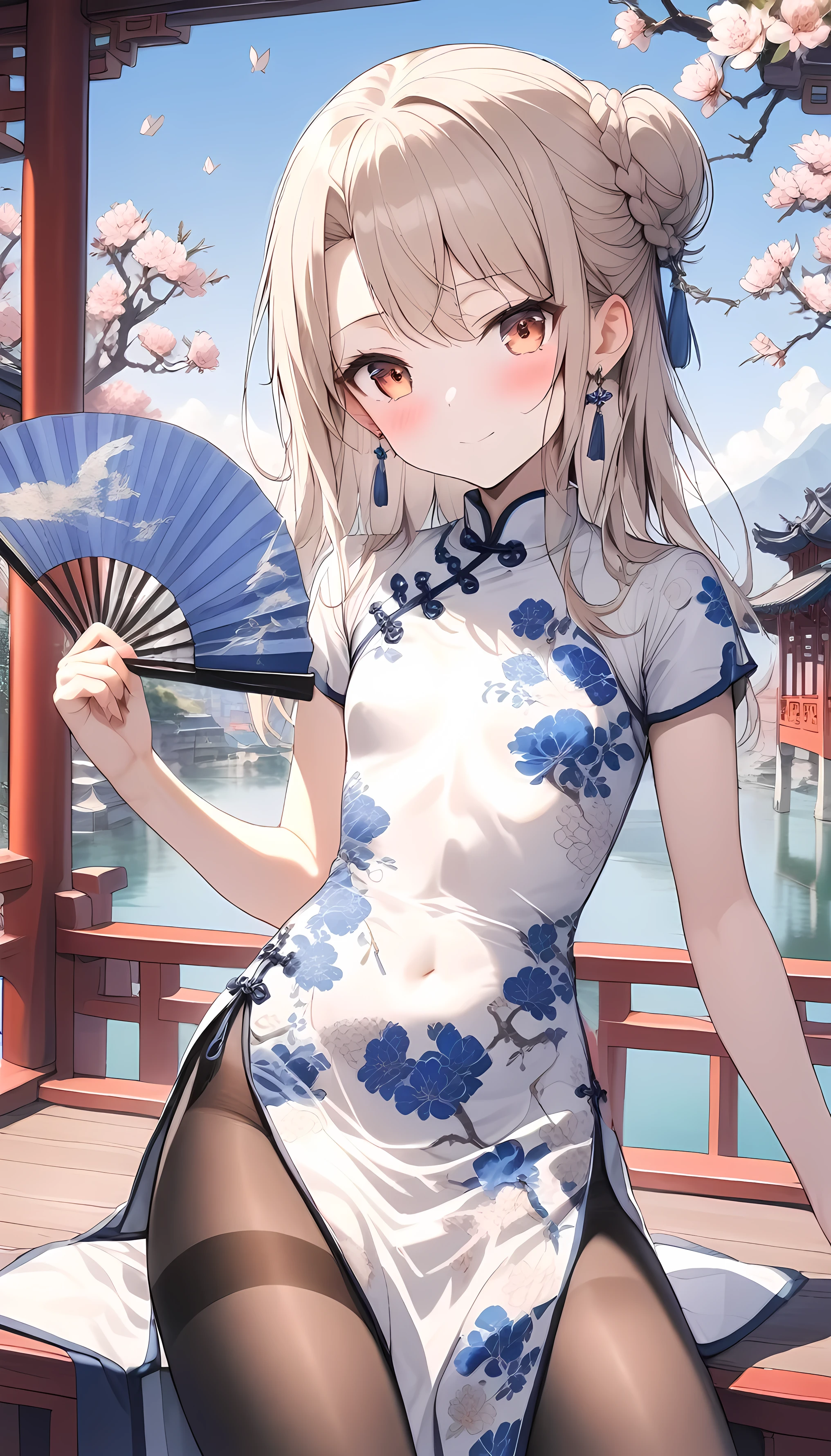 1girl,(illyasviel von einzbern),red_eyes,cream hair,(french braid),smile,blush,flower,beautiful detailed_background,small breasts,butterfly,((blue and white porcelain gorgeous qipao,china dress,chinese clothes,dress),gold trim,floral print,folding fan,jewelry,earrings,explicit,flower,general, hair_ornament,peach blossom,long_hair,looking_at_viewer,pantyhose,paper fan,print dress,solo,thighband pantyhose,questionable,sensitive,solo,tassel,tassel_earrings,(spring),Chinese style architecture, Chinese style, lake, ancient town, beautiful and meticulous water, (Fishing boat), pavilion,steam,Surrounding by falling peach blossoms petals,