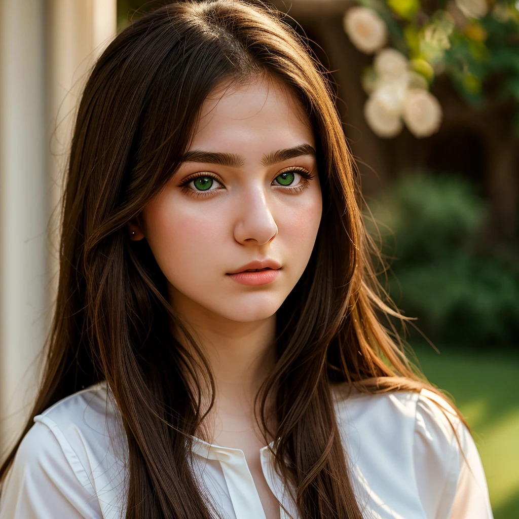 (Masterpiece, best quality: 1.2), 1 girl, alone, green eyes, There is a woman with long hair and a white blouse, 18 years old,  years old, 19 year old girl, Headshot profile photo, 🤤 portrait as a girl, very low quality, with long hair and piercing eyes, very, very low quality, High quality portrait, 19 years old, Profile image, pale-skinned Persian girl (with the sharpness of a photograph taken by a camera Canon EOS R5, 50mm lens, F/2.8).