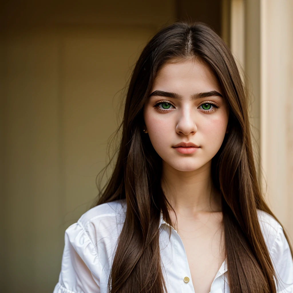 (Masterpiece, best quality: 1.2), 1 girl, alone, green eyes, There is a woman with long hair and a white blouse, 18 years old, 16 years old, 19 year old girl, Headshot profile photo, 🤤 portrait as a girl, very low quality, with long hair and piercing eyes, very, very low quality, High quality portrait, 19 years old, Profile image, pale-skinned Persian girl (with the sharpness of a photograph taken by a camera Canon EOS R5, 50mm lens, F/2.8).