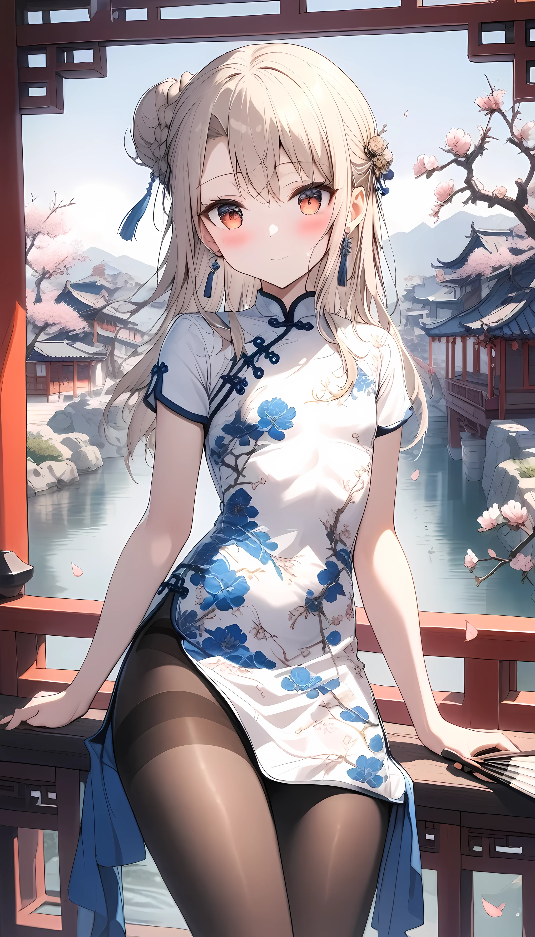 1girl,(illyasviel von einzbern),red_eyes,cream hair,(french braid),smile,blush,flower,beautiful detailed_background,small breasts,butterfly,((blue and white porcelain gorgeous qipao,china dress,chinese clothes,dress),gold trim,floral print,folding fan,jewelry,earrings,explicit,flower,general, hair_ornament,peach blossom,long_hair,looking_at_viewer,pantyhose,paper fan,print dress,solo,thighband pantyhose,questionable,sensitive,solo,tassel,tassel_earrings,(spring),Chinese style architecture, Chinese style, lake, ancient town, beautiful and meticulous water, (Fishing boat), pavilion,steam,Surrounding by falling peach blossoms petals,