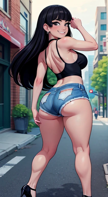 Best Quality, Masterpiece:1.2), (Fine Face:1.2), (Highest quality:1.2), (Seductive Grin:1.2), (Back shot:1.3), (Looking at viewer:1.2), (detailed woman), from behind, looking at the viewer, looking back, Taiwanese woman, long black hair, With bangs,1 female in, 28 years-old, Beautiful face, smiling, teeth, pale skin, ((Tight Denim Shorts, Black tight tank top, black high-heel shoes)), ass gonzo, butt sticking out,walking down the city streets