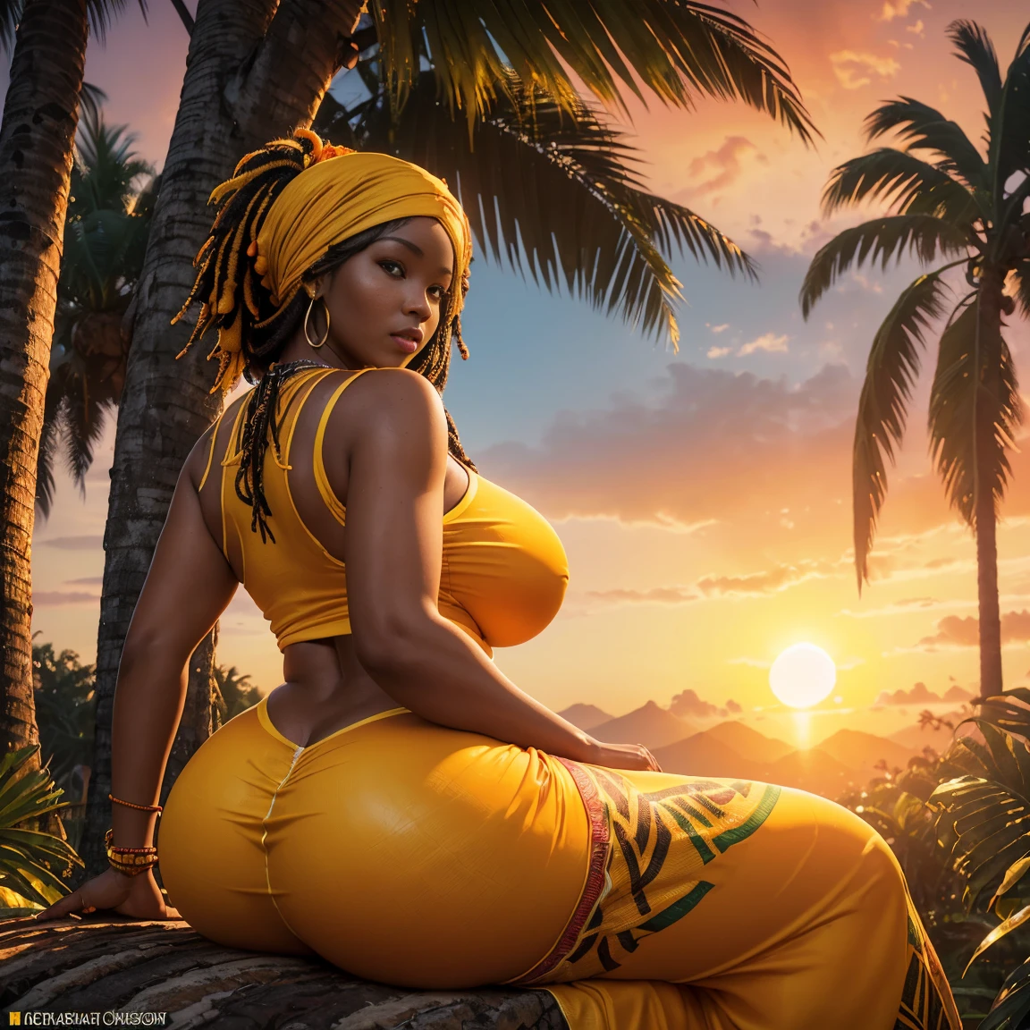 DSLR photography, sharp focus, Octane Render, Redshift, cinematic lighting, unedited, masterpiece, best quality, high quality, unreal engine 5, Hyper realistic, ultra-realistic, ((a curvaceous Jamaican babe sitting under a tropical tree while a beautiful orange and yellow sunrise lifts overhead of her)) ((glossy skin effect)) ((oily skin)) ((Traditional Jamaican clothes: 1.3) ((Big booty))