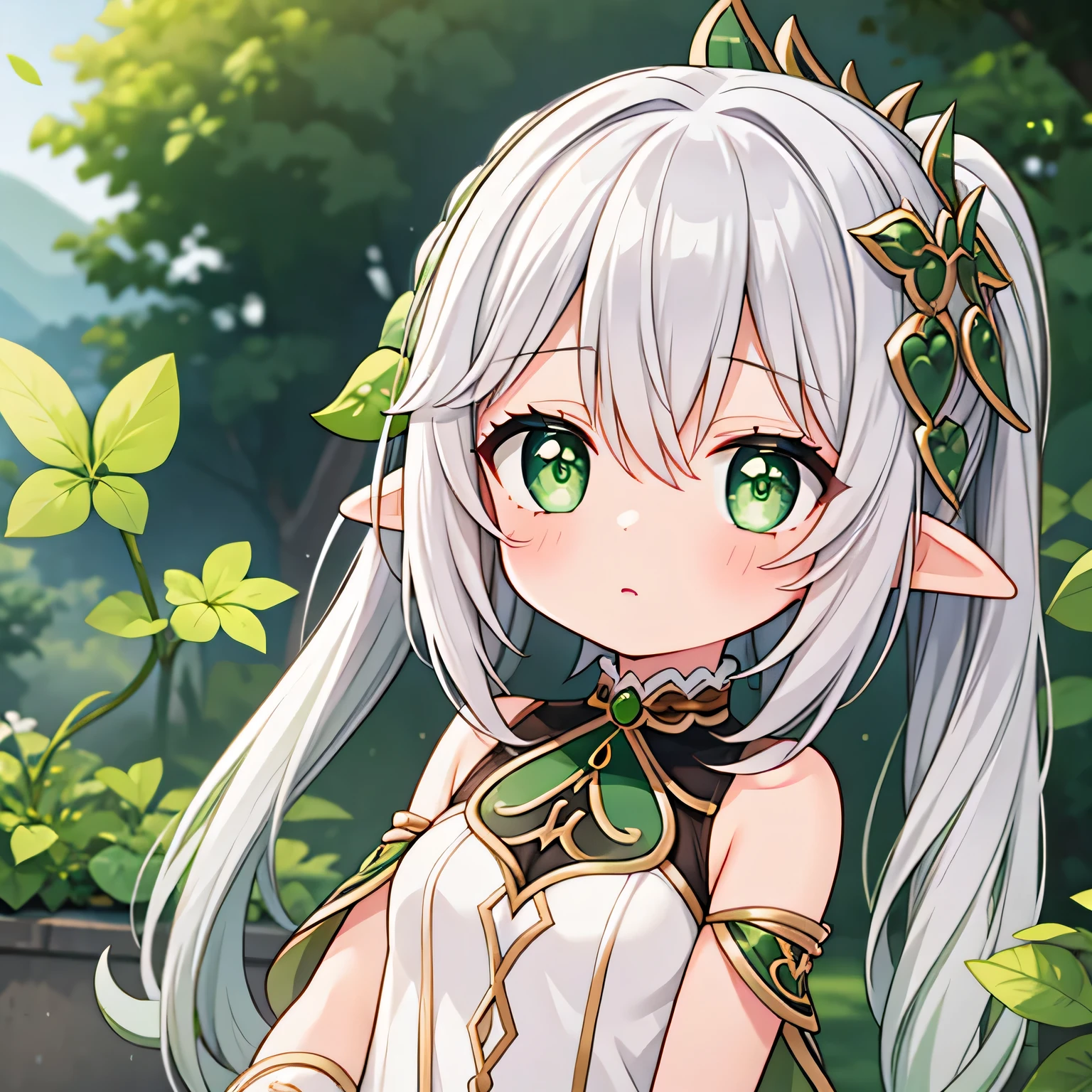 girl, flat breasts, silver hair, green eyes, elf, elf clothes, looking to the camera, chibi, embarrassed, ashamed