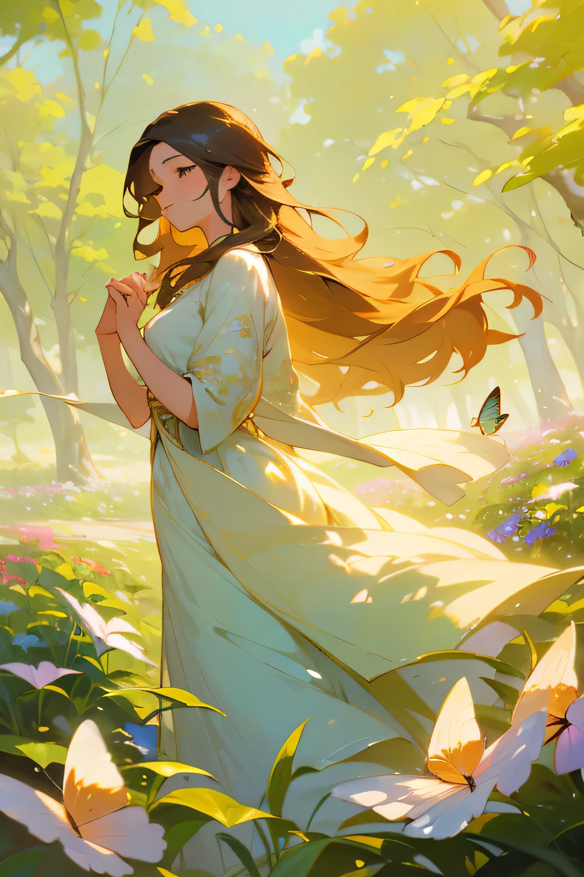 beautifully detailed eyes,soft and flowing hair,gentle and elegant pose,natural and vibrant garden,artistic oil painting medium,subtle and delicate textures,serene and peaceful atmosphere,vivid and rich colors,soft and warm natural lighting,meticulous attention to detail,lush greenery and colorful flowers,butterflies dancing in the air.