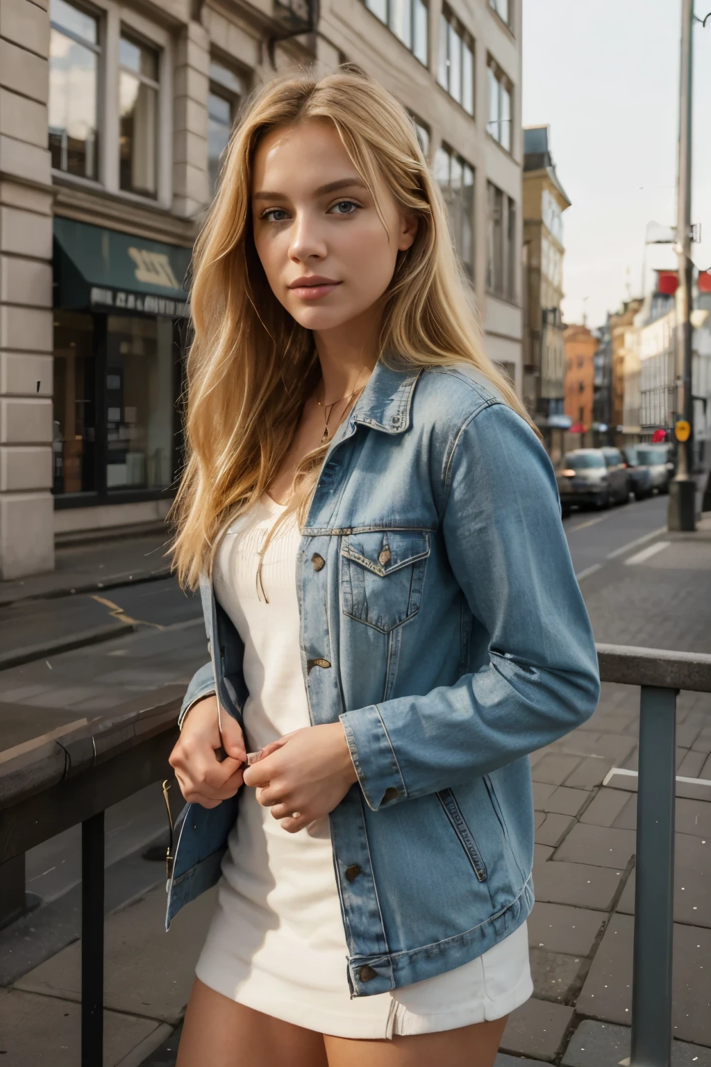 (highest quality:1.2), Ultra-detailed, European-American woman, 21 years young, realistic, modern ambience, modern clothes , She radiates self-confidence and ambition, natural lighting, bright colors, blonde hair, The professional environment, in hamburg , Hamburg city. change it