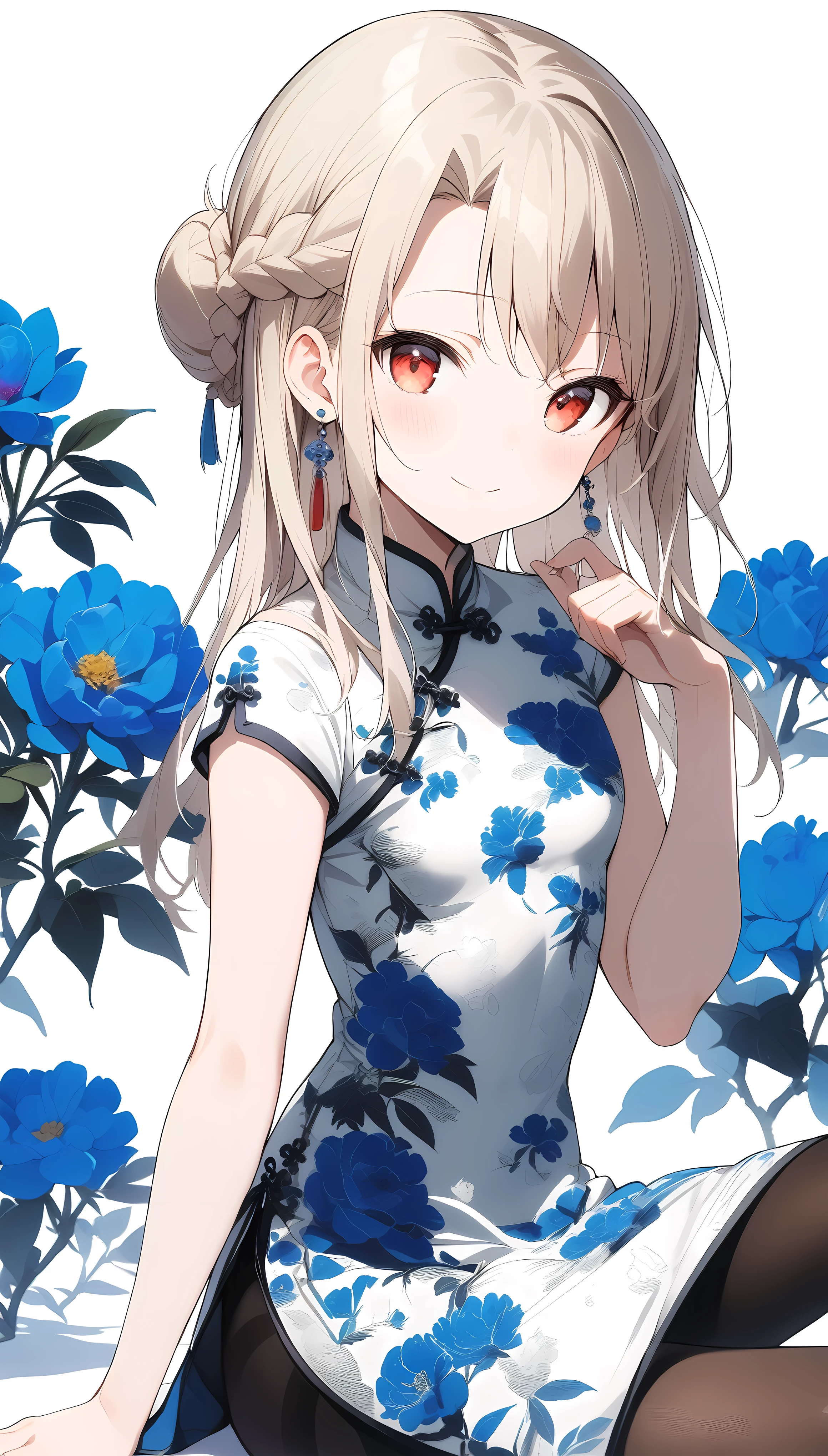 qipao,1girl,(illyasviel von einzbern),red_eyes,cream hair,(french braid),smile,blue flower,breasts,china dress,chinese clothes,dress,earrings,floral print,hand up,sitting,long hair,looking at viewer,pantyhose,print dress,simple background,smile,solo,white background