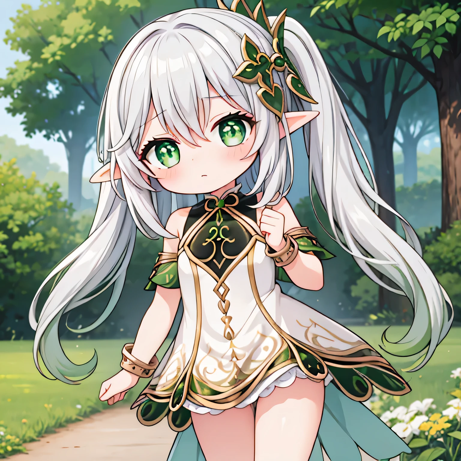 girl, flat breasts, silver hair, green eyes, elf, elf clothes, looking to the camera, chibi, embarrassed, ashamed, legs