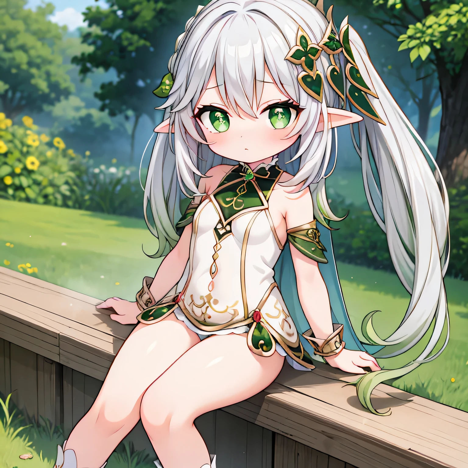 girl, flat breasts, silver hair, green eyes, elf, elf clothes, looking to the camera, chibi, embarrassed, ashamed, legs