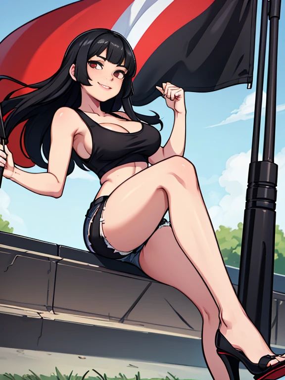 (Best Quality, Masterpiece:1.2), (detailed woman), 1girl, solo, Taiwanese woman, long black hair, With bangs,1 female in, 28 yo, Beautiful face, glossy lips, red lipstick, closed mouth, smirk, big breasts, deep cleavage, pale skin, smiling, teeth, ((Wearing: Black tight tank top, Tight Denim booty shorts, black high-heel shoes)), ((holding a flag:1.3)), ((Background: Outside, empty race track)), the woman is an race queen,
