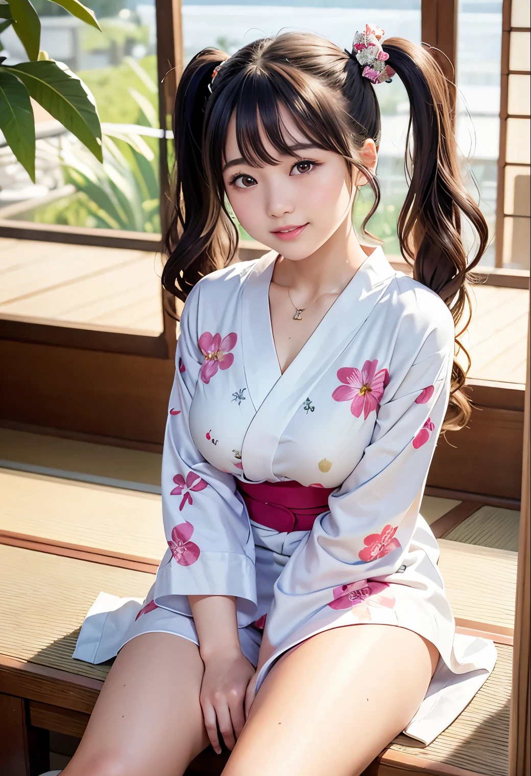 (highest quality,masterpiece:1.3,Ultra-high resolution),(Very detailed、Caustics) (Realistic:1.4, RAW shooting、)Ultra-Realistic Capture、Very detailed、Natural skin texture、masterpiece、(A Japanese girl wearing a yukata with a floral pattern:1.3)、Underwear sticks out、Adorable expression、Expressions of Happiness、************、Young Face、Amazingly cute、Twin tails、Curly Hair、Black Hair、Scrunchie、light makeup、necklace、Busty and bursting、Shining Breasts、Shining thighs、Summer evening、sunset、Photo taken in a tatami room with a veranda in an old Japanese house、Sitting posture、smile、An inviting gaze、Cowboy Shot、Anatomically correct、Attention to detail、