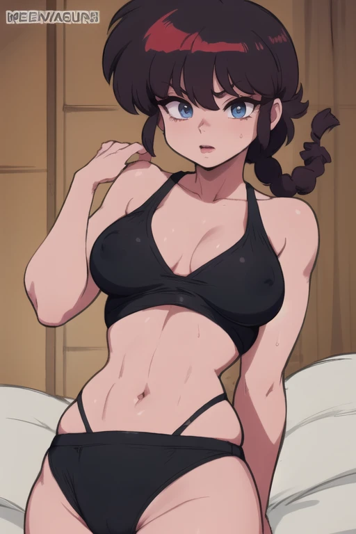 RanmaChan, cabello rojo, Cabello con trenza, ojos azules, ojos detallados, cuerpo completo, lindosexyrobutts, blusa negra apretada, top corto negro, ombligo descubierto, ropa pegada al cuerpo, Tanga sexy, medias negras,