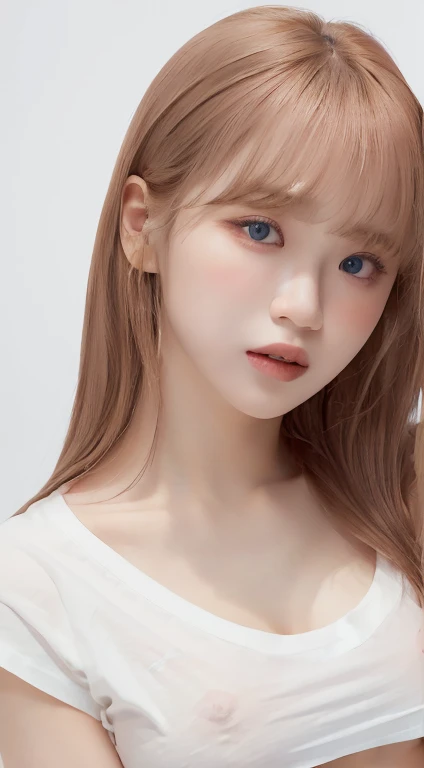 1 female, 22-year-old woman、Blonde Hair, Blunt bangs, Hair behind the ear, Hair that falls over the shoulders, Long Hair, Ultra Fine Face, Embarrassed expression、Thin face, Sharp contours、Delicate lips, (Beautiful Eyes:1.5), Lightly reddish, (The eye color is light brown:1.5),See this,Sexy pose、Large Breasts、 Ultra-fine needle, very thin fingers, The optimal ratio is four fingers to one thumb., (A ripped white T-shirt:1.5)、(The nipples are clearly visible:1.5)、Pink nipples、(Small round perfect nipples:1.5)、(No bra:1.5)、The whole body is shown、First Person View, 8k, Super Detail、high quality, 最high quality, High resolution,
