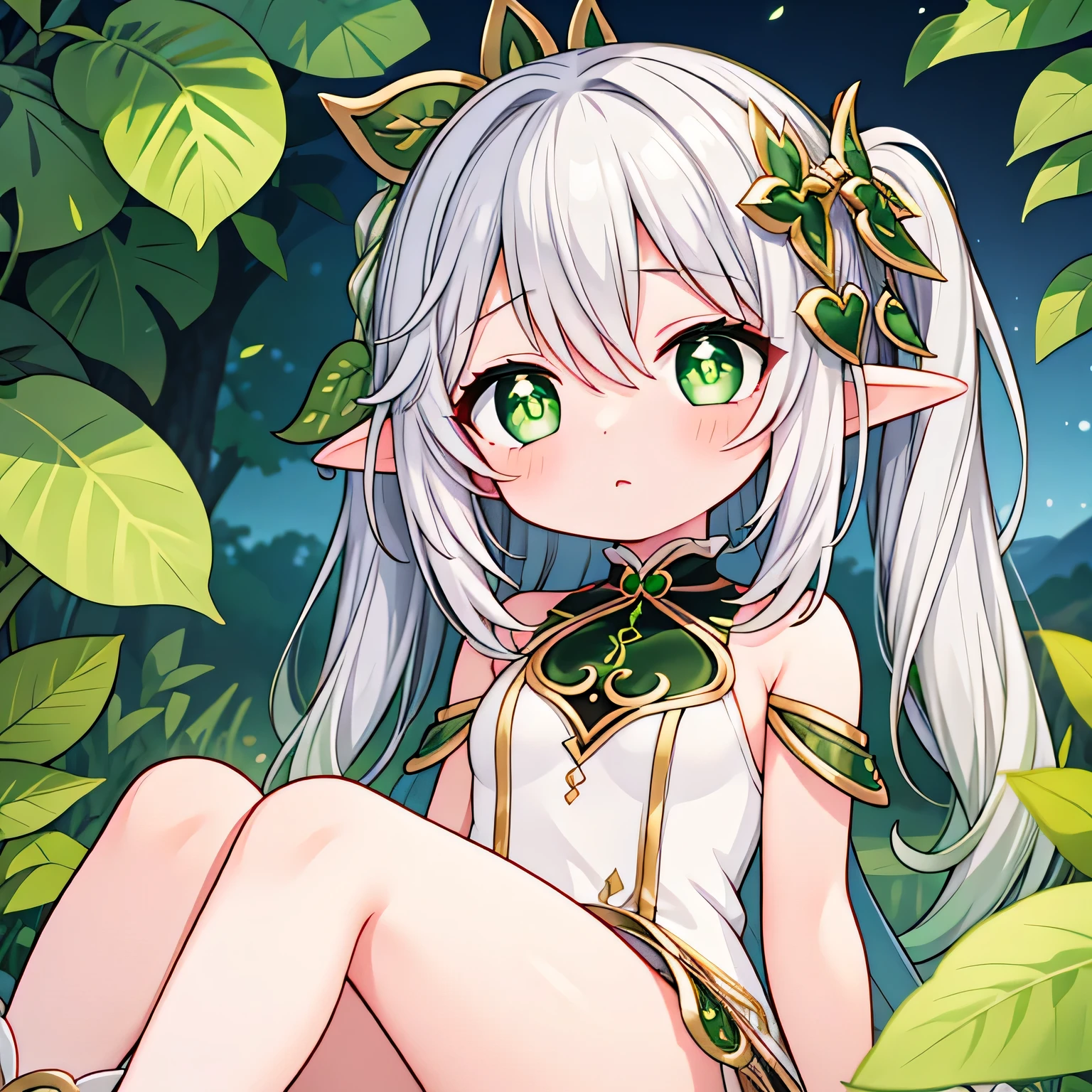girl, flat breasts, silver hair, green eyes, elf, elf clothes, looking to the camera, chibi, embarrassed, ashamed, legs, heart-shaped pupils