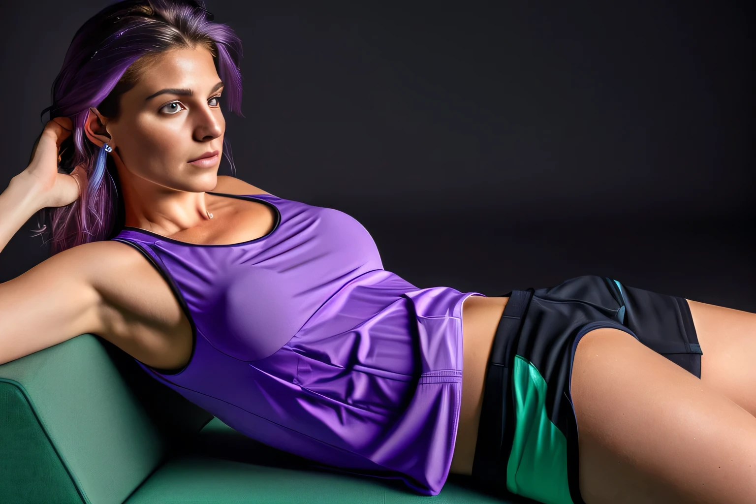 there is a woman lying on a sofa with a remote control in her hand, abdomen sweaty, sweating, tired half closed, arms folded pose!, she is lying on her back, lying in a dynamic pose, half body shot, half body shot, lying down with wrists together, sweaty 4k, supported on chest. Shapely woman in purple top and blue shorts posing for a photo, arms to the side, half-length photo, tight photo, half-length photo, half-length photo, violet tight top, half-body close-up, portrait photo of full body, full body and headshot, full body photography, centered full body photo, 40 year old woman, 4k, portrait photo, light violet tank top, profile photo, sweaty face, 3/4 solo portrait, photo suitable, black background. She is wearing a vibrant pink-purple sports tank top and mixed shorts (((blue-gray-green-black))), suggesting an active lifestyle or athletic attire for working out. Sharp photo, high quality, high resolution (ultra quality masterpiece), Ultra HD, high contrast, 16K. Masterpiece: 1.3, high resolution, (photographically realistic), NUDE, NUDITY, NFSW.