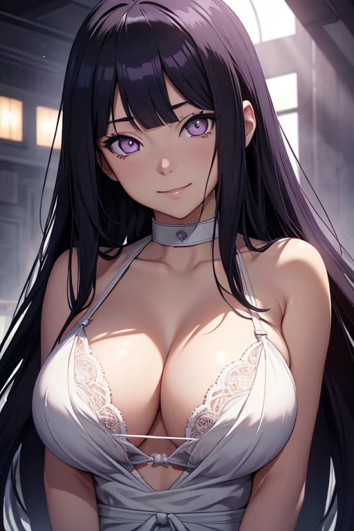 light effect, soft, super clear, high-definition picture, (front), masterpiece, cinematic lighting, Hinata Uzumaki, white eyes, byakugan eyes, black long hair, no pupils, 1girl, solo, looking at viewer, smile, large breast, open shoulder, purple lingerie