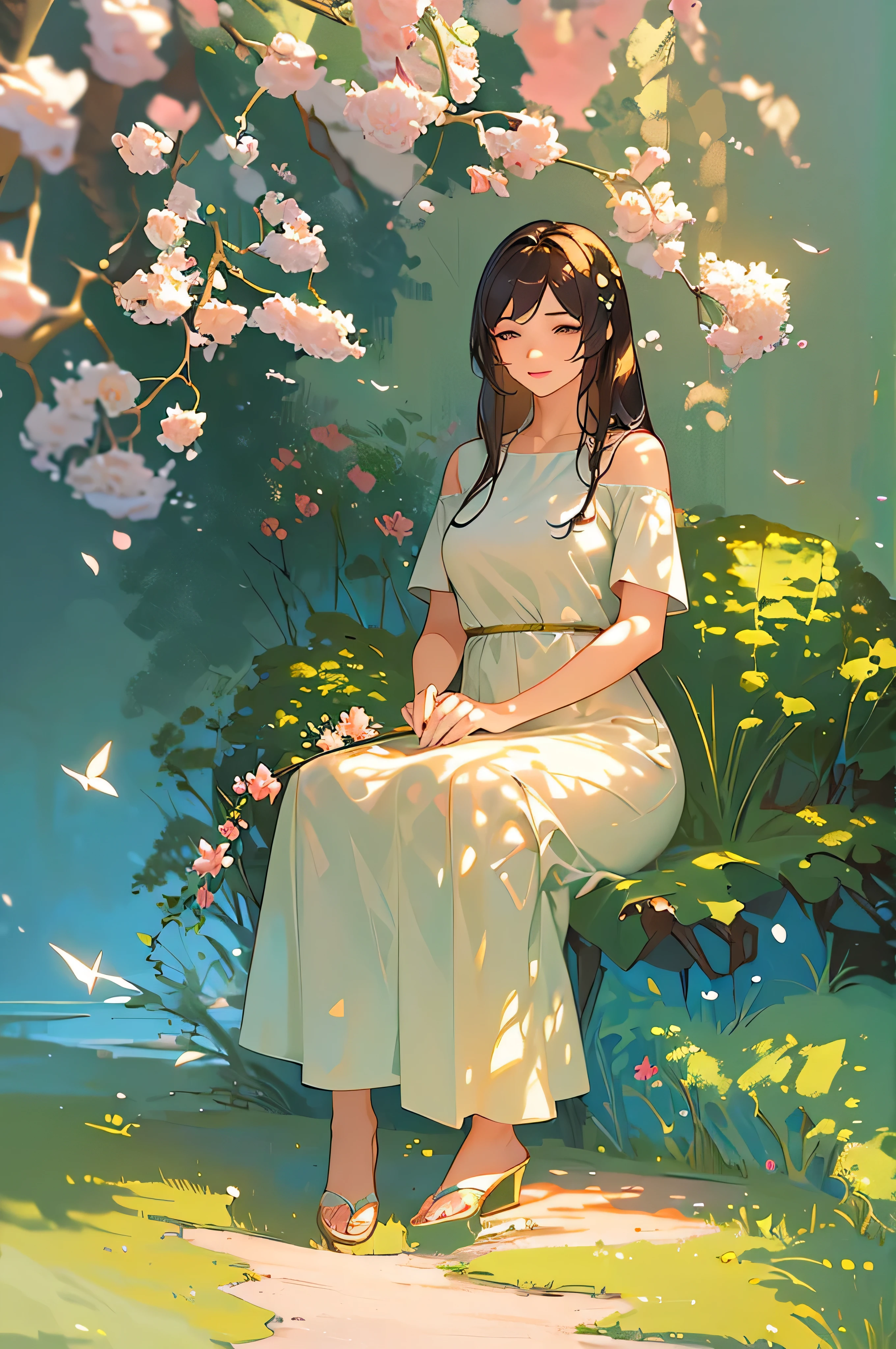 best quality,4k,8k,highres,masterpiece:1.2,ultra-detailed,realistic:1.37,beautiful detailed hands,beautiful detailed eyes,beautiful detailed lips,extremely detailed eyes and face,long eyelashes,asian girl,garden setting,serene atmosphere,peaceful ambience,subtle sunlight,vibrant colors,soft painting style,fine brushstrokes,impressive anatomy,subtle shadows,lush greenery,delicate flowers,serene expression