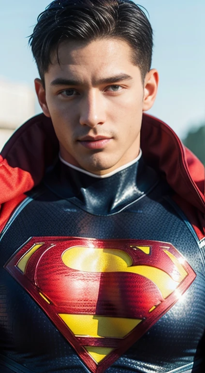 ((Men only)), (head shot), (face only), (handsome muscular man in his 20s), (superman), (Superman, a fictional superhero, is characterized by his chiseled physique, blue eyes, dark hair, and iconic red and blue costume with a bold "S" emblem on his chest), (Chris Redfield), (Mischievous smile), (detaile: 1 in 1), Natural muscles, HIG quality, beautidful eyes, (Detailed face and eyes), (Face、: 1 / 2), Noise, Real Photographics、... .................................................................................................................PSD, Sharp Focus, High resolution 8K, realisitic & Professional Photography, 8K UHD, Soft lighting, High quality, Film grain, FujifilmXT3