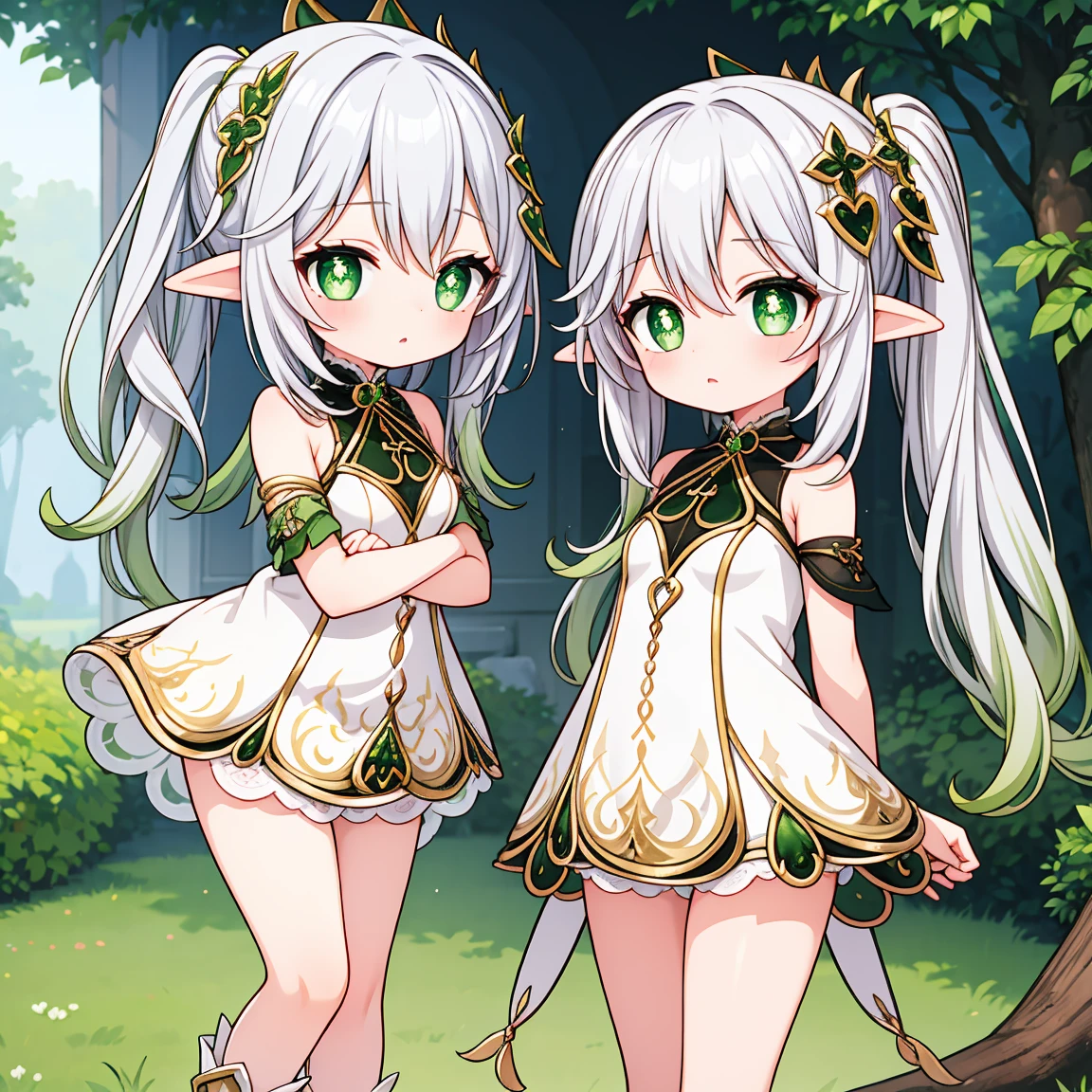 girl, flat breasts, silver hair, green eyes, elf, elf clothes, looking to the camera, chibi, embarrassed, ashamed, legs, heart-shaped pupils