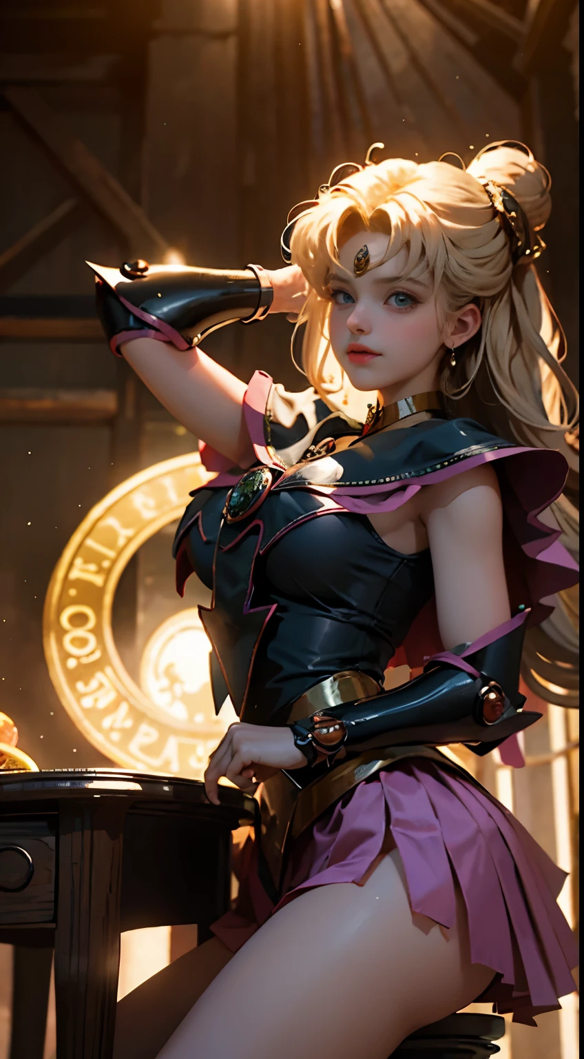 ((Obra maestra)), (Mejor calidad), (Ultra detallado), ((Muy detallado)), 4k, (8k), Giles magos oscuros, Cabello largo rubio, Cola de caballo doble, sailor moon aesthetic, Dream Core, Giles magos oscuros traje blanco con vivos negros, In a magical room. Magic Circle of Light