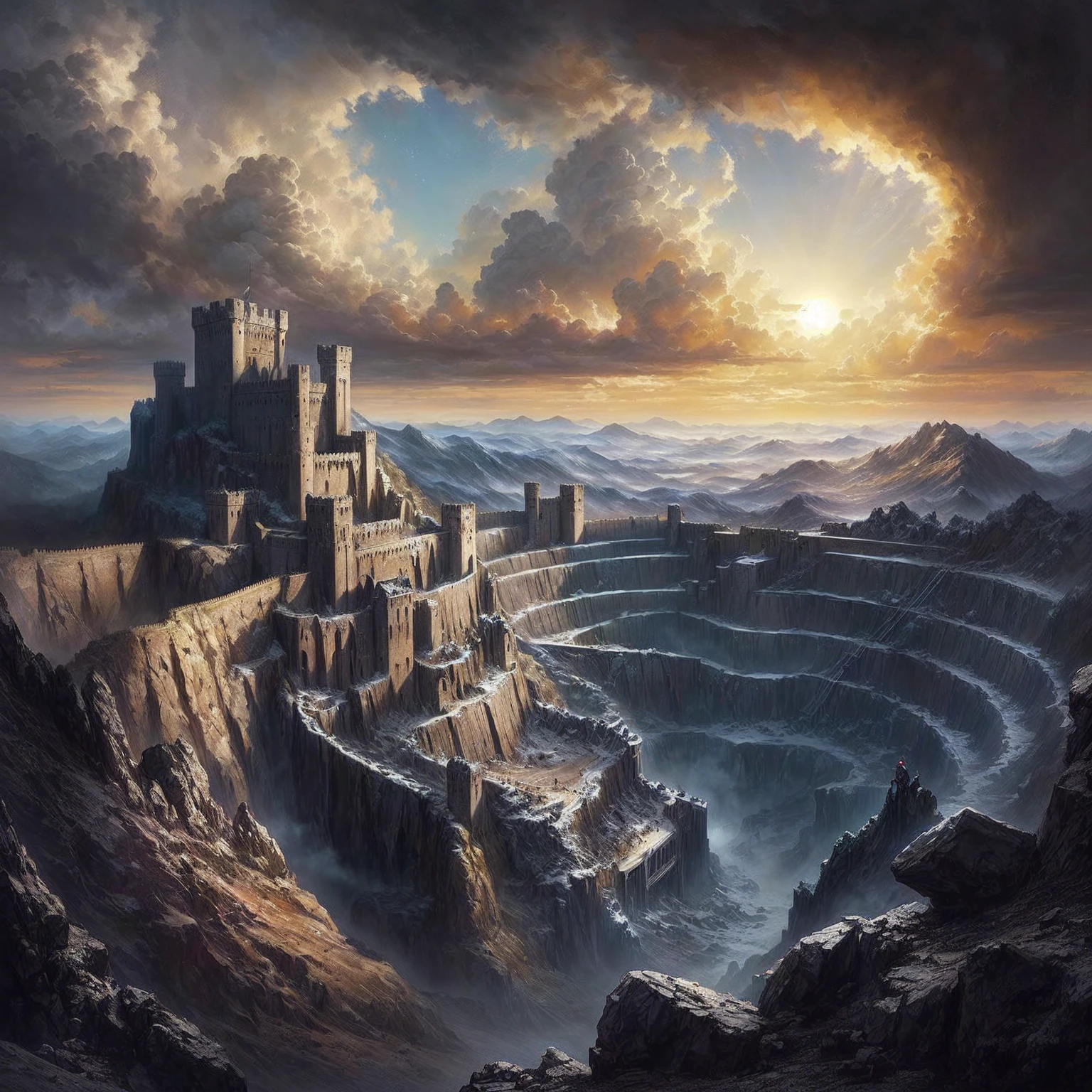 painting of a stone fortress over a mining pit, Symmetrische epische Fantasy-Kunst, beautiful Helms Deep, Weitwinkel-Fantasie-Kunst, detailed matte fantasy painting, matte fantasy painting, Peter Gric und Mumford, Andreas Rocha und John Howe, hochdetaillierte Fantasy-Kunst, tolkein art, von Kerembeyit, Bergfestung Stadt