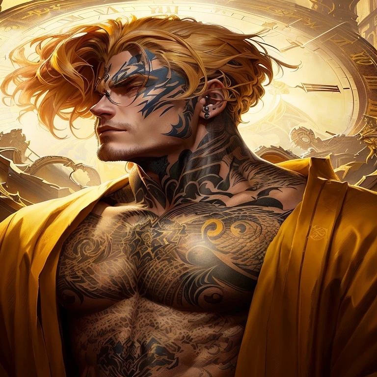 a man with tattoos and a yellow robe is standing in front of a clock, neoartcore and charlie bowater, handsome guy in demon slayer art, fantasy male portrait, tattooed man, charlie bowater character art, king in yellow, artgerm and grek rutkowski, stunning digital illustration, skinny male fantasy alchemist, felix englund style
