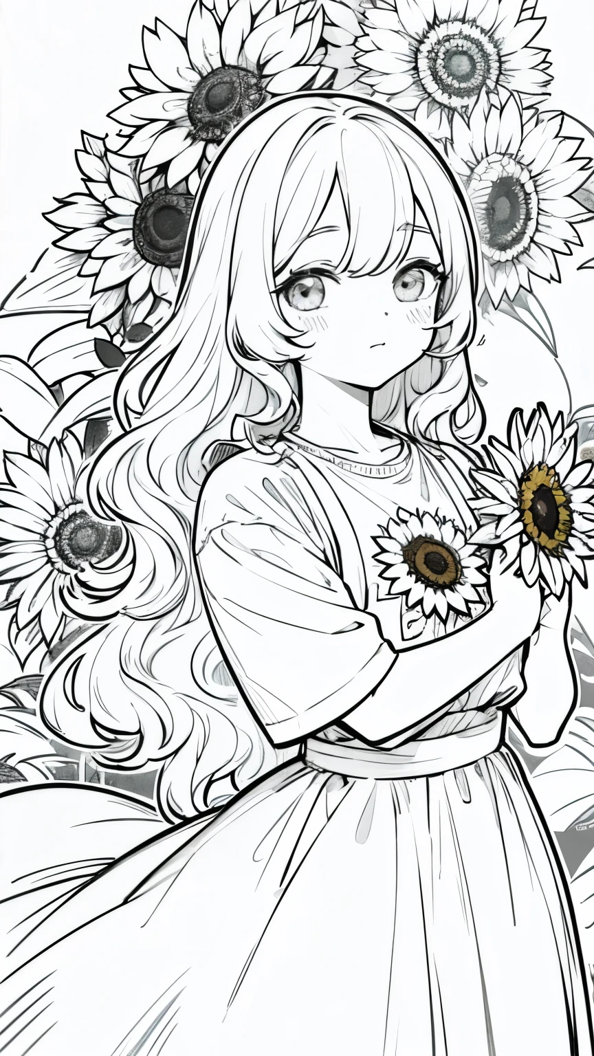 Line art,, masterpiece, highest quality, Super Detail、(((SupportHair)))、Wavy Hair、Casual clothing、Have sunflowers