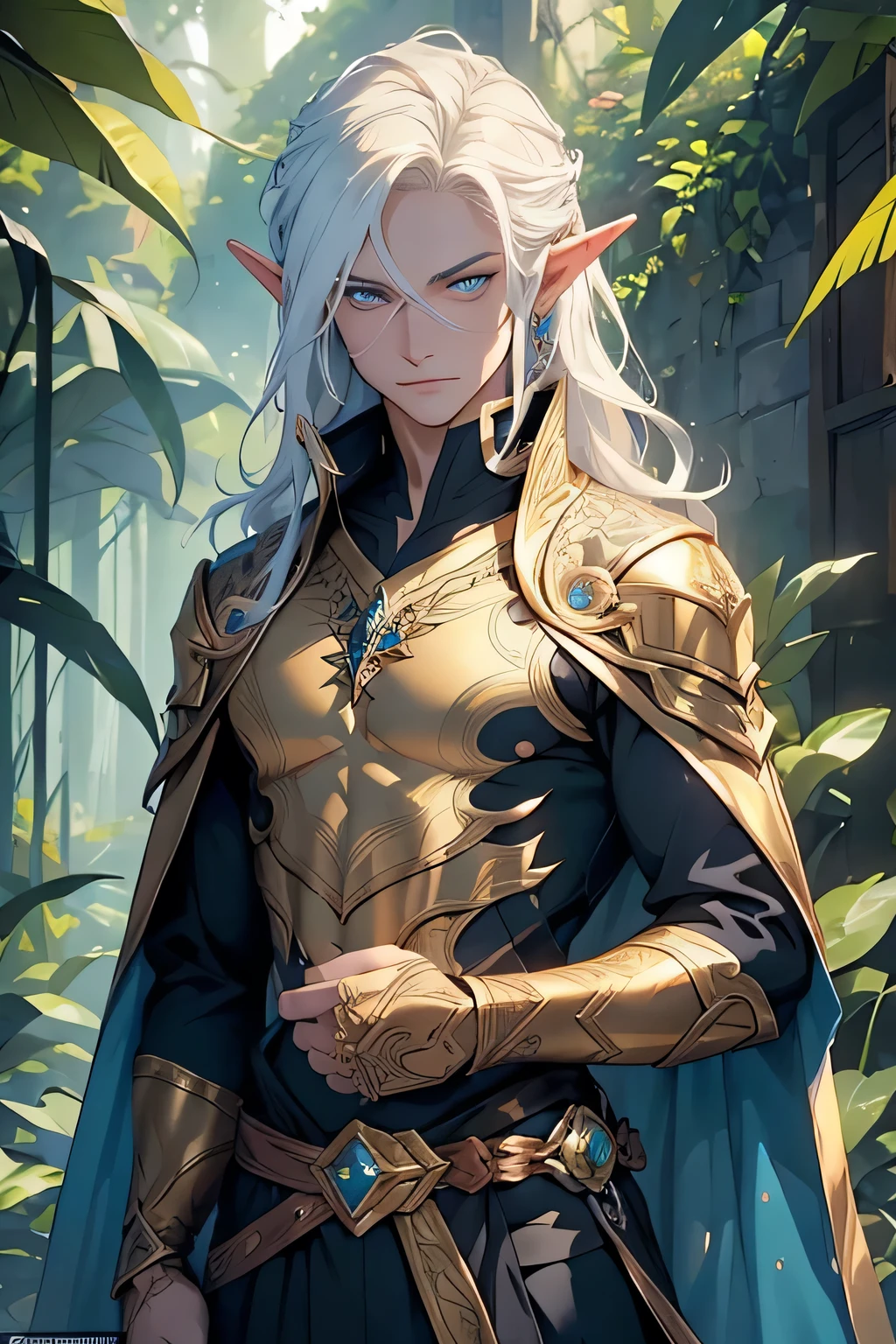 The male High Elf, endowed with a perfect face, where intricate details adorned his eyes, lending them an otherworldly allure. His hands, a testament to perfection, sported fine veins and symmetrical anatomy, the epitome of elven craftsmanship. Draped in court elf clothing, the fabric shimmered with iridescence, complementing his majestic stature.

A staff forged from enchanted material nestled in his grasp, casting magical lighting that transformed the surroundings in vibrant hues. Surrounded by a forested environment, the scene burst with life, each hue illuminating the foliage and show