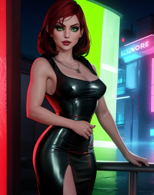 Jane,red hair,green eyes,lips,smile,
black dress,red trim,necklace,sleeveless,cleavage,covered nipples,
night club,neon lights,
(insanely detailed, beautiful detailed face, masterpiece, best quality) solo,