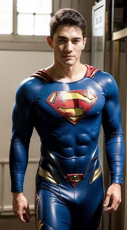 ((Men only)), (head shot), (full length shot (fls)), (handsome muscular man in his 20s), (superman), (Superman, a fictional superhero, is characterized by his chiseled physique, blue eyes, dark hair, and iconic red and blue costume with a bold "S" emblem on his chest), (Chris Redfield), (Mischievous smile), (detaile: 1 in 1), Natural muscles, HIG quality, beautidful eyes, (Detailed face and eyes), (Face、: 1 / 2), Noise, Real Photographics、... .................................................................................................................PSD, Sharp Focus, High resolution 8K, realisitic & Professional Photography, 8K UHD, Soft lighting, High quality, Film grain, FujifilmXT3 , thighs , hips