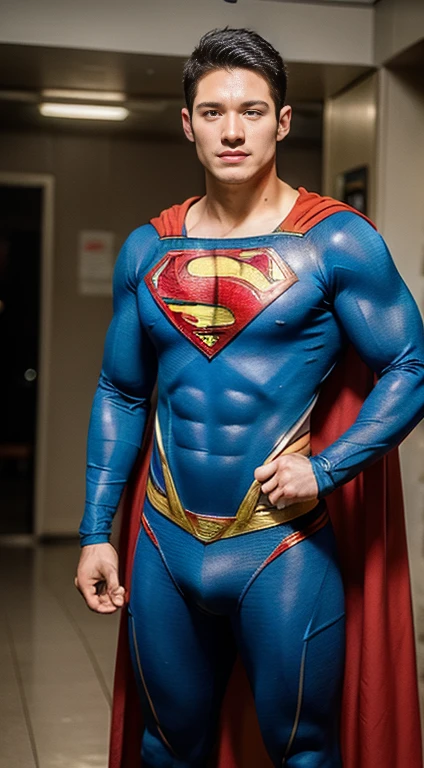 ((Men only)), (head shot), (full length shot (fls)), (handsome muscular man in his 20s), (superman), (Superman, a fictional superhero, is characterized by his chiseled physique, blue eyes, dark hair, and iconic red and blue costume with a bold "S" emblem on his chest), (Chris Redfield), (Mischievous smile), (detaile: 1 in 1), Natural muscles, HIG quality, beautidful eyes, (Detailed face and eyes), (Face、: 1 / 2), Noise, Real Photographics、... .................................................................................................................PSD, Sharp Focus, High resolution 8K, realisitic & Professional Photography, 8K UHD, Soft lighting, High quality, Film grain, FujifilmXT3 , thighs , hips
